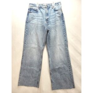 ZARA High Waisted Straight Leg Jeans with Raw Hem 14 Lt Wash Mom Jeans  Wide Leg